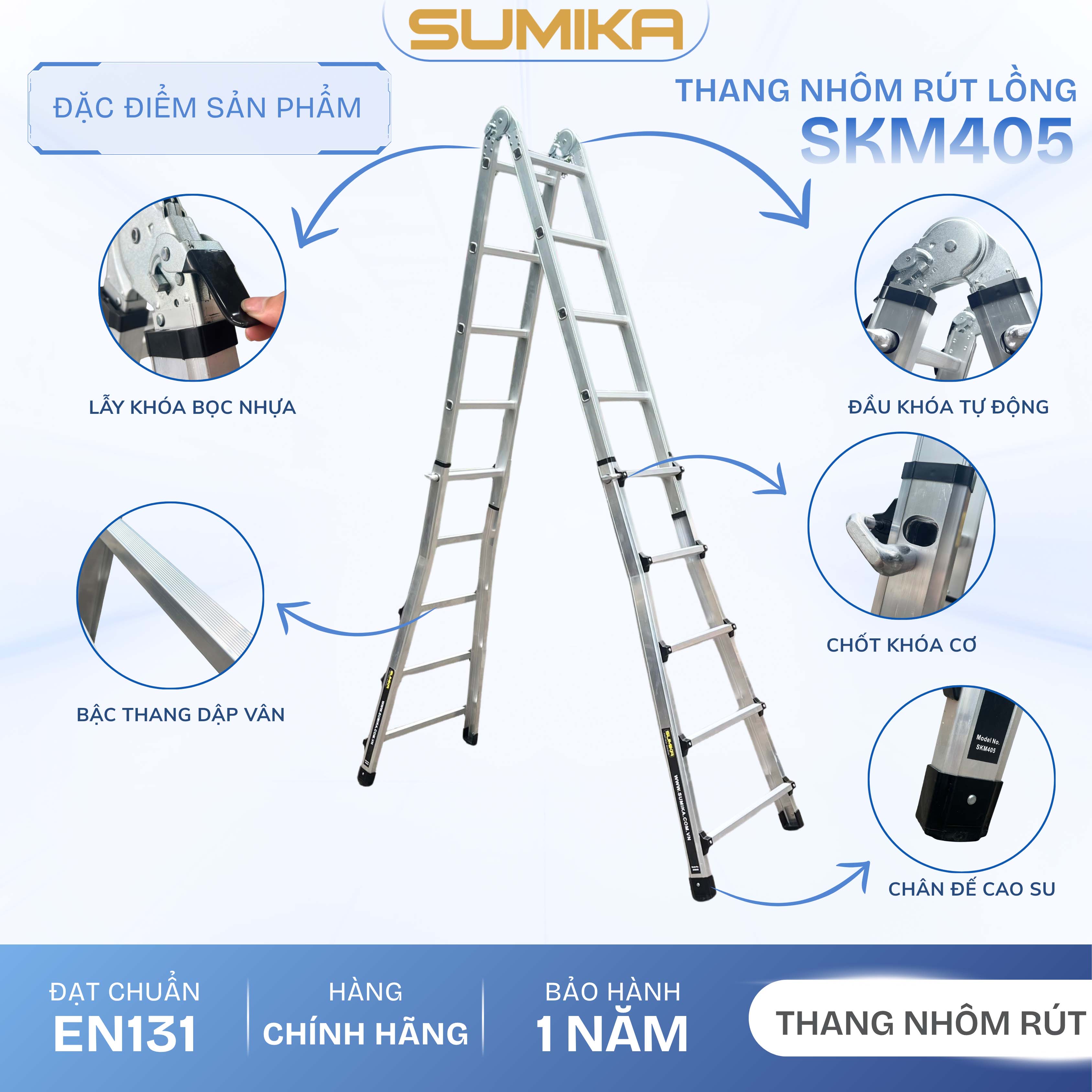 Thang nhôm rút lồng đa năng SUMIKA SKM405 - Chữ A cao nhất 2.5m, chữ I cao nhất 5.0m, tải trọng 300kg