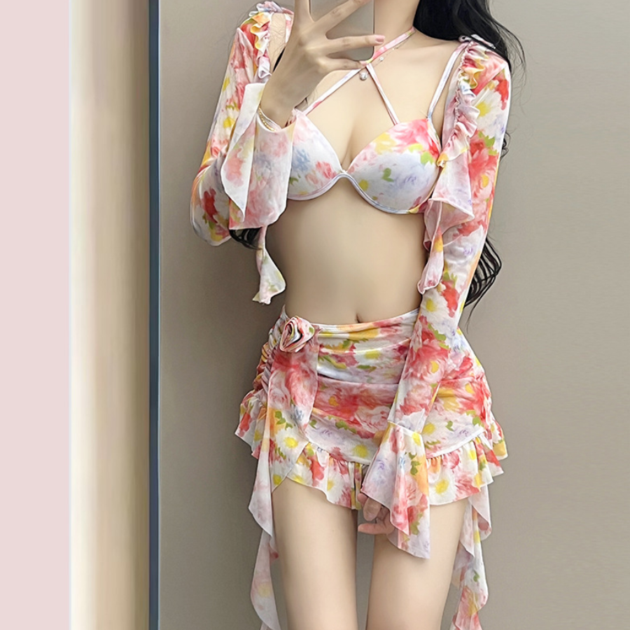 Bikini Hoa Hồng Set 4 Món - Áo Choàng - Váy Tua Rua - Quần Bơi - Áo Bơi Dáng Tiểu Thư BK003 MayHomes Đồ Bơi Nữ Nhiều Chi Tiết