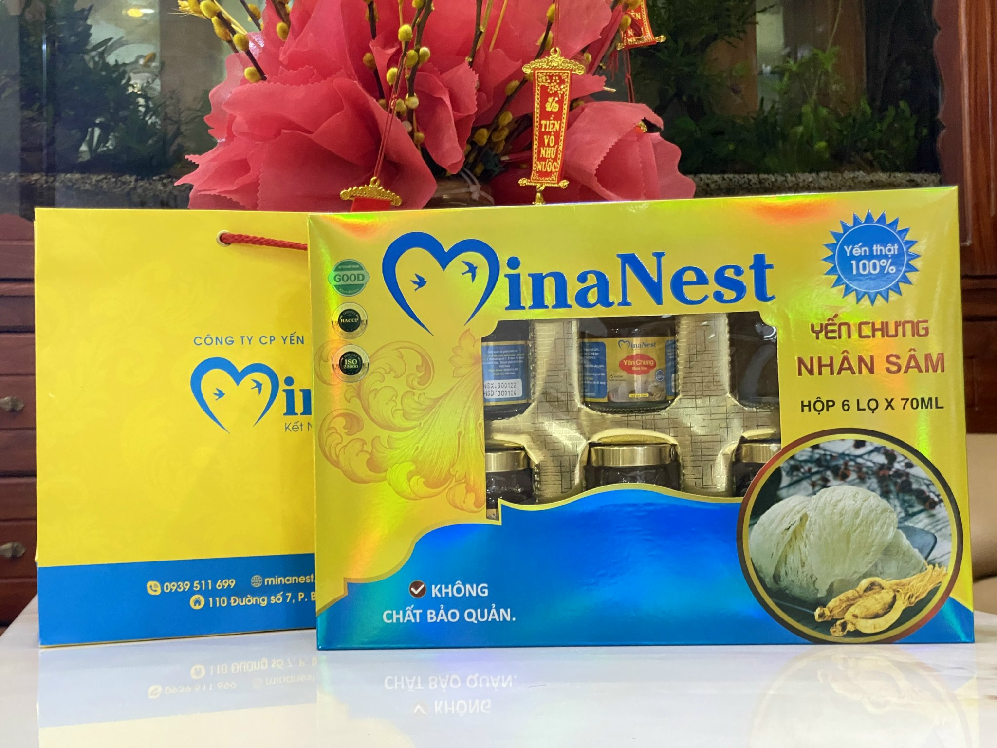 Yến sào chưng nhân sâm MinaNest, hàm lượng 25% tổ yến, hộp 6 lọ