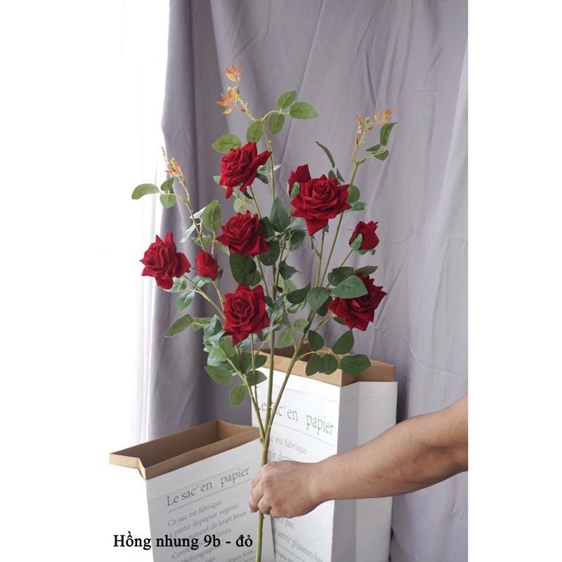 Cành hoa Hồng Nhung 9 bông cao cấp nhập khẩu 1m- Hoa giả trang trí