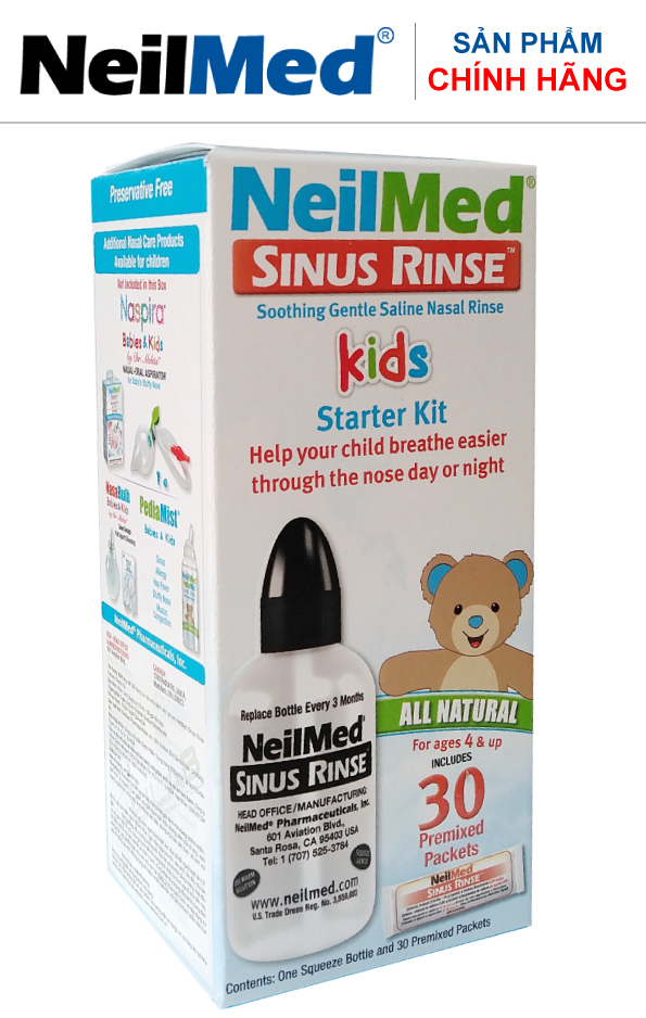 Combo Baby 24h Care: Bình Xịt Rửa Vệ Sinh Mũi Xoang NeilMed Sinus Rinse &amp; Spray Kids -SX Mỹ, hỗ trợ điều trị Sổ Mũi, Nghẹt Mũi và Viêm Mũi Cho Bé (Bình 30 gói muối rửa; 1 chai xịt phun sương 75ml)