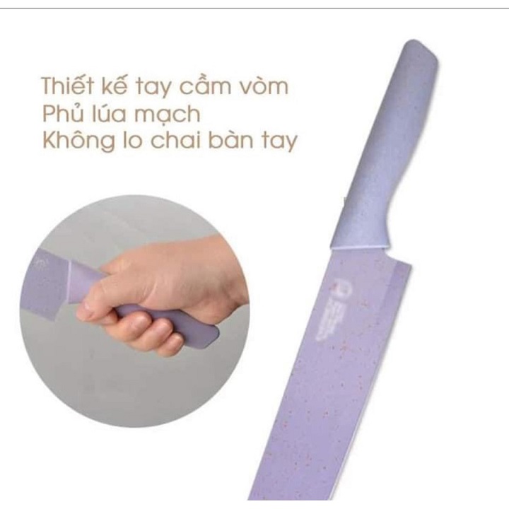 Bộ Dao Kéo Nhà Bếp Lúa Mạch 6 Món Kháng khuẩn Cao Cấp Fullbox, Lưỡi Thép Chống Gỉ Kitchen - Hàng Chính Hãng
