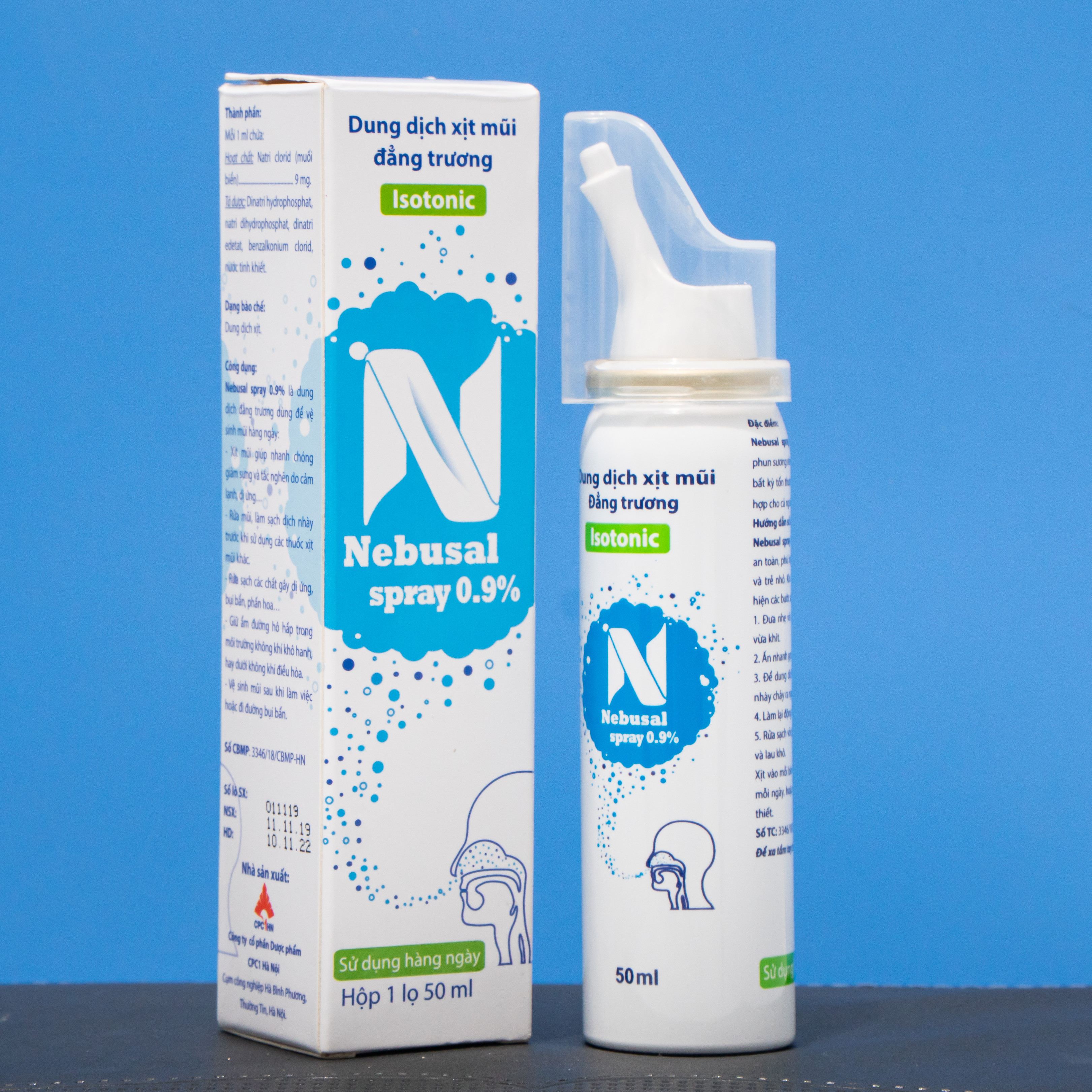 Nước biển xịt mũi Nebusal Spray 0,9%, vệ sinh đường hô hấp, lực xịt dịu nhẹ, phù hợp với trẻ sơ sinh (50ml)