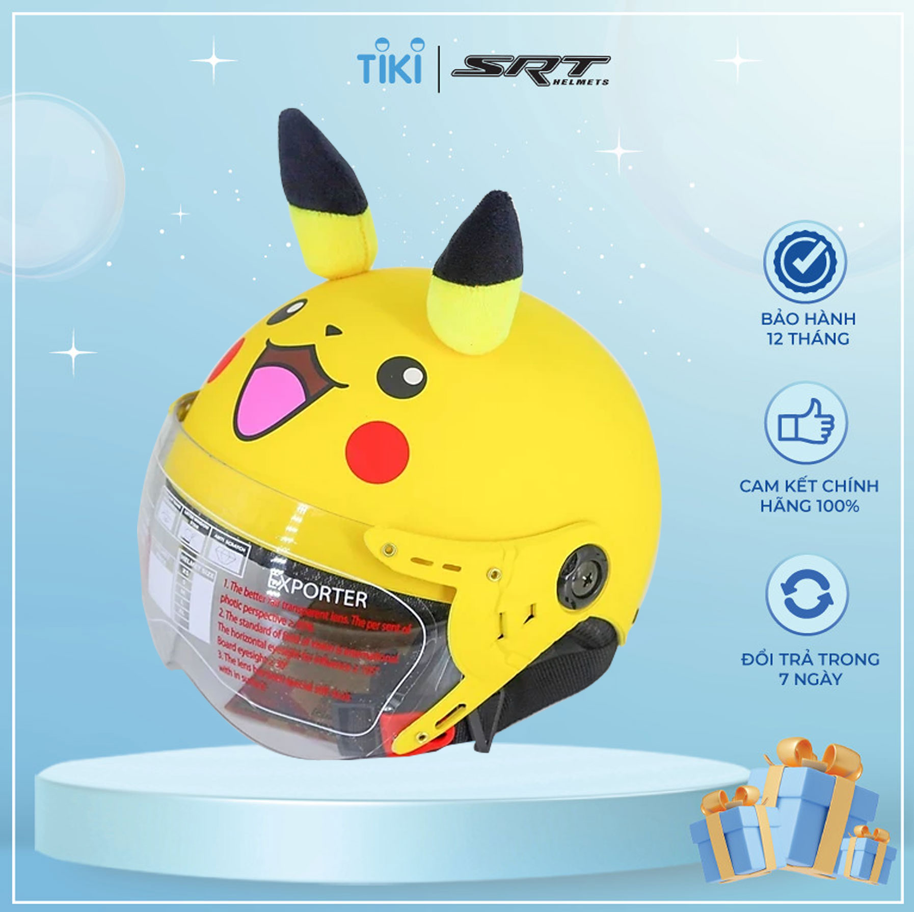 Mũ Bảo Hiểm Trẻ Em Hình Pikachu Có Tai Siêu Dễ thương Nhiều Màu – Nón bảo hiểm trẻ em từ 3 đến 8 tuổi  – Vàng