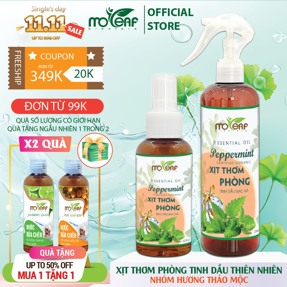 Xịt Thơm Phòng Tinh Dầu Bạc Hà Moleaf Lọc Không Khí Thơm Mát Xua Đuổi Chuột, Đuổi Muỗi & Côn trùng 250ml