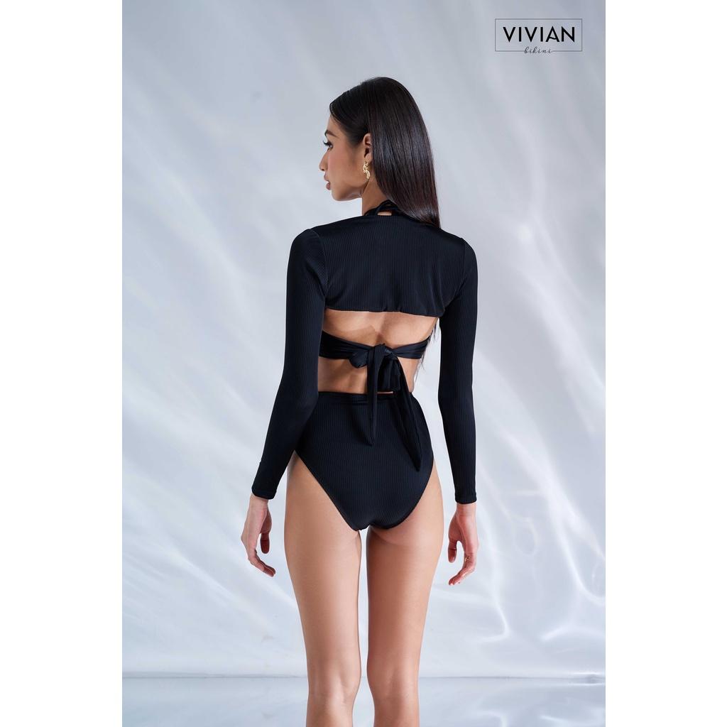 Đồ bơi nữ cao cấp dạng một mảnh yếm phối áo tay dài cover - Đen - VS187_BL