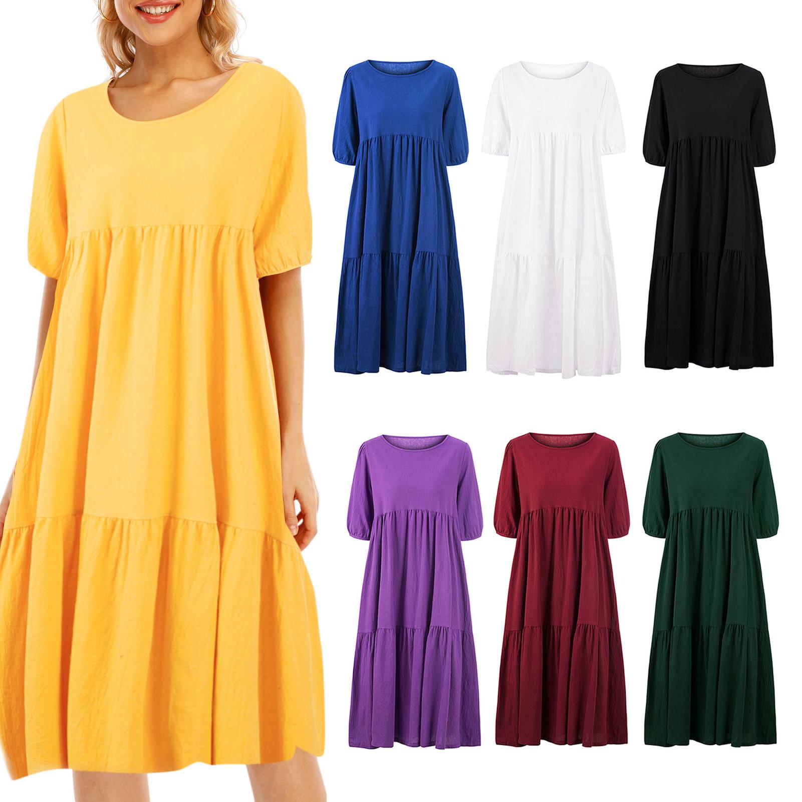Fashion Women Solid Color Dress O Neck Short Sleeve Plus Size Loose Casual Summer Beach Sundress