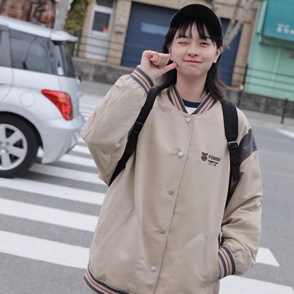 Áo Khoác Bomber FOREST Thêu Gấu Vải Dù 2 Lớp Form Rộng Ulzzang Unisex