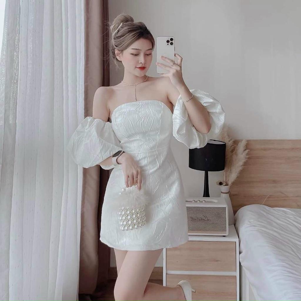 Đầm váy nữ trễ vai cúp ngực họa tiết tay phồng xốp gân ( có mút ngực ) màu trắng thanh lịch , dự tiệc dạo phố Hàn Quốc