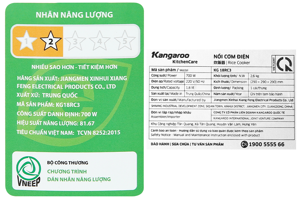 Nồi cơm điện nắp gài Kangaroo 1.8 lít KG18RC3 - Hàng chính hãng