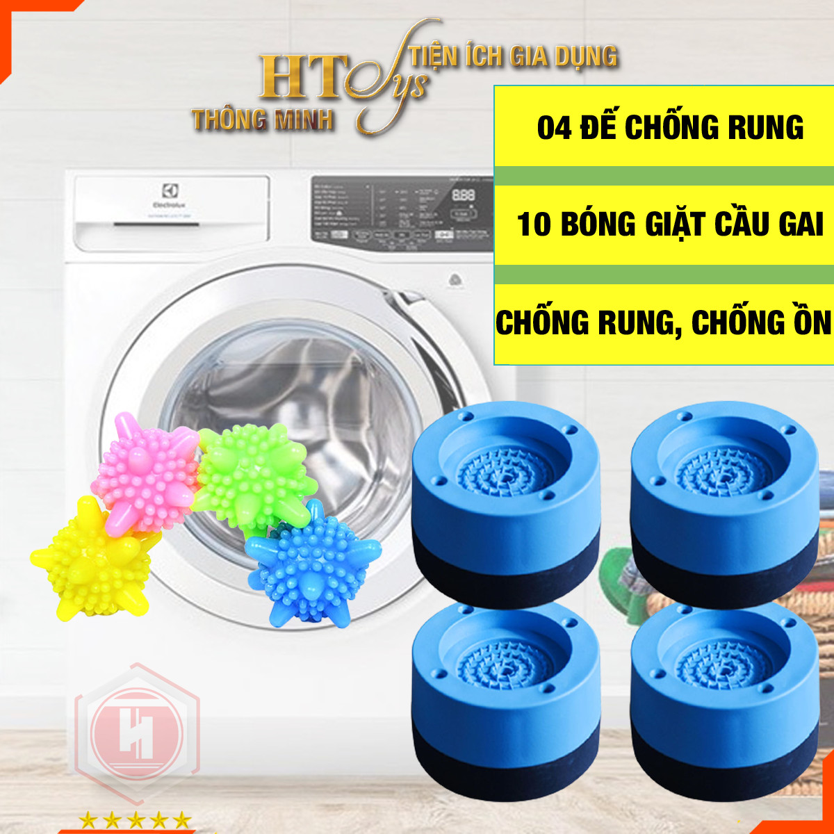 COMBO 4 ĐẾ CHỐNG RUNG MÁY GIẶT + 10 BÓNG GIẶT CẦU GAI QUẦN ÁO HT SYS