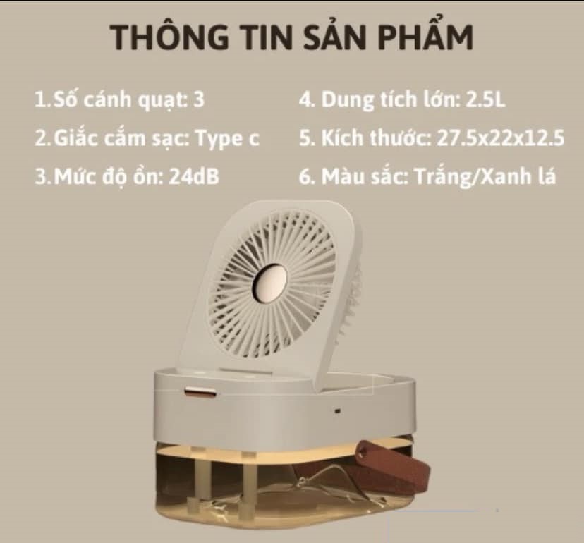 Quạt Phun Sương Mini, Quạt Hơi Nước Mini Gấp Gọn, Quạt Hơi Nước Để Bàn Dung Tích Chứa Lớn Tới 2.5 Lít - Hàng Chính Hãng