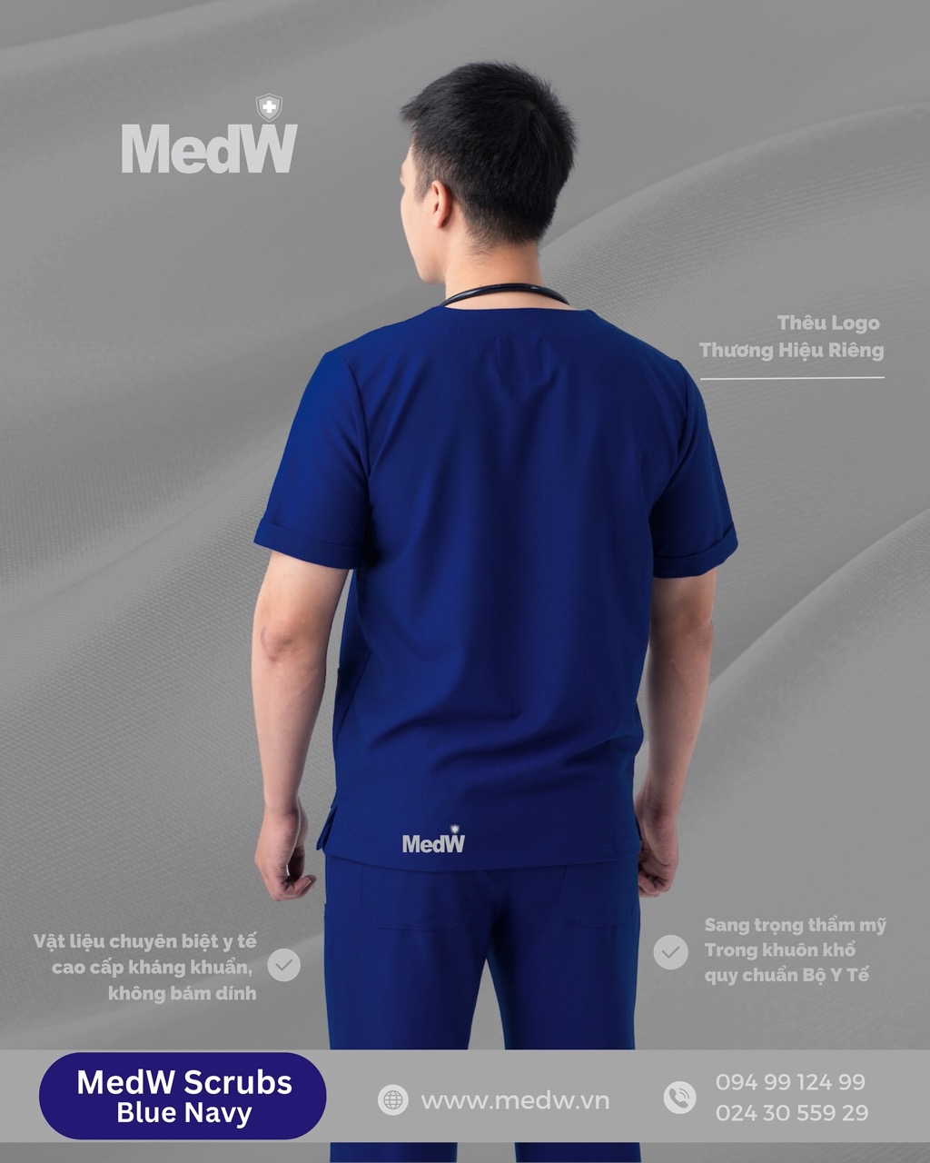 MedW Zeus Scrubs Y Tế Blue Navy (Nam) Xanh Navy Bộ Trang Phục Bác Sĩ, Điều Dưỡng Phòng Khám Chuyên Khoa Đa Khoa, Vật Liệu Cotton Nhật Không Bám Dính, Xếp Ly Không Nhăn, Dáng Suông Vận Động Tự Do. MedW Thêu Tên Logo Thương Hiệu Riêng