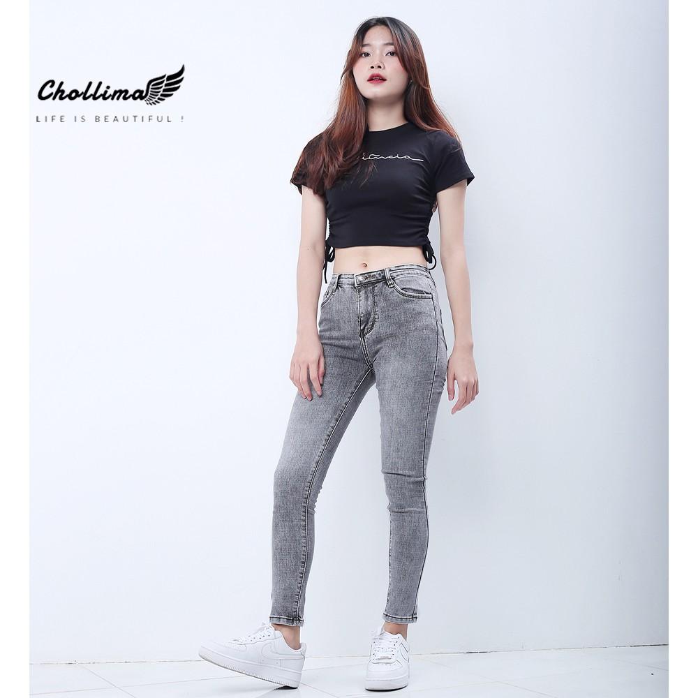 Quần jeans dài nữ co giãn Chollima cạp thường màu xám trắng QD029