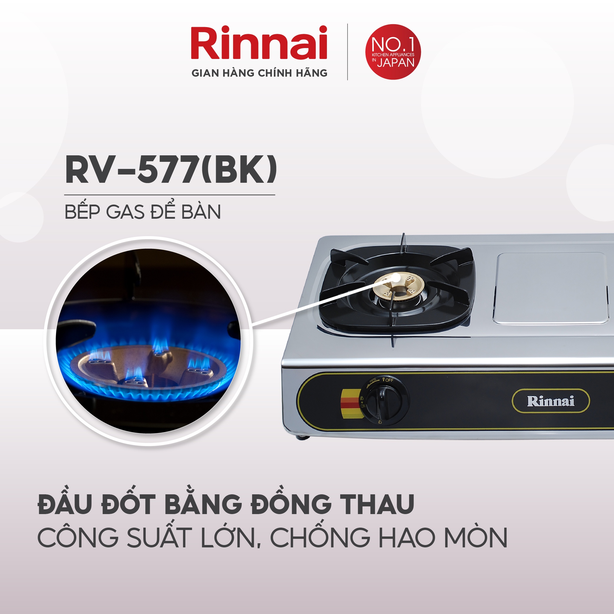 Bếp gas dương Rinnai RV-577(BK) mặt bếp inox và kiềng bếp men - Hàng chính hãng.