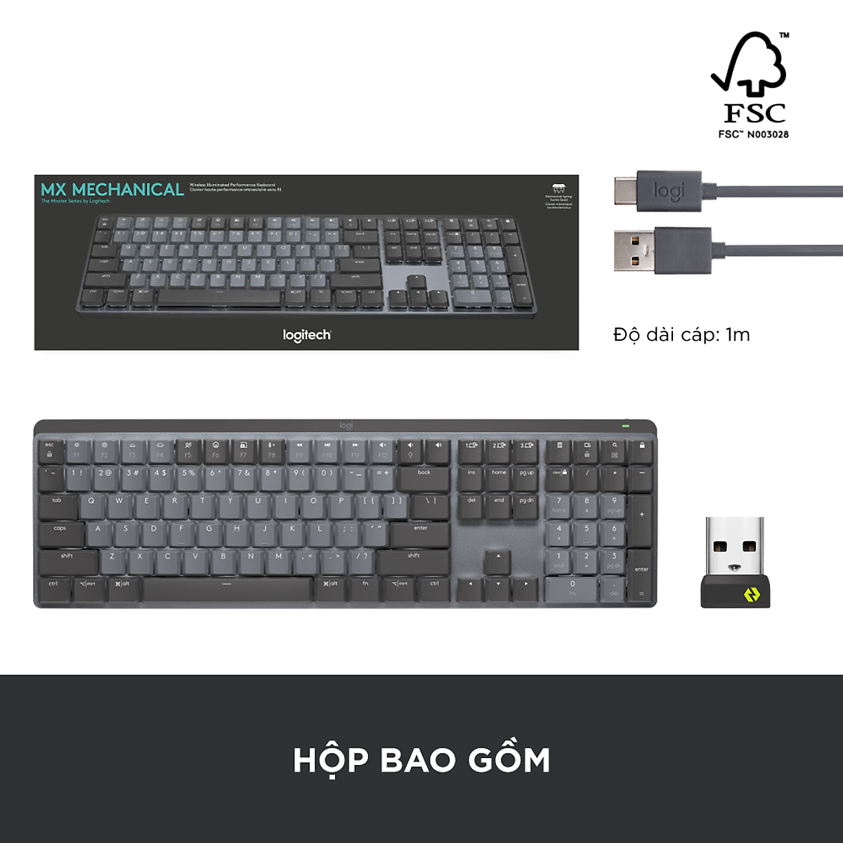 Bàn phím cơ không dây Logitech MX Mechanical – Tactile yên tĩnh được chiếu sáng nền, Bluetooth, pin sạc USB-C, macOS| Windows - Hàng Chính Hãng