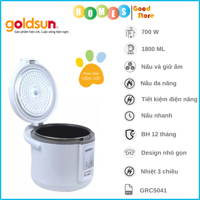 Nồi Cơm Điện Nắp Gài GOLDSUN GRC5043 Lòng Niêu, Phù Hợp Gia Đình 4-6 Người, Dung Tích 1.8L Công Suất 900W - Hàng Chính Hãng