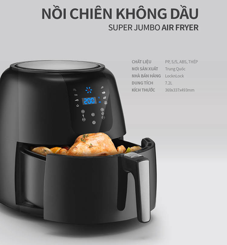 Nồi Chiên Không Dầu Điện Tử Lock&amp;Lock EJF296BLK (7.2 Lít) - Kèm Chảo Nướng - Hàng Chính Hãng