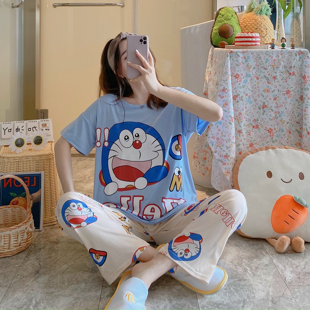 Đồ Bộ Thun Tay Dài Quảng Châu - Pijama Quần Dài - Đồ Mặc Ở Nhà Họa Tiết Hoạt Hình Dễ Thương Chú Mèo Máy
