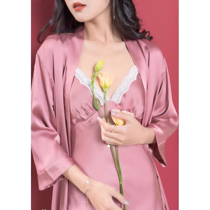 Set áo choàng váy ngủ lụa 2 dây phối ren sang trọng tặng kèm quần chip ren xinh xắn