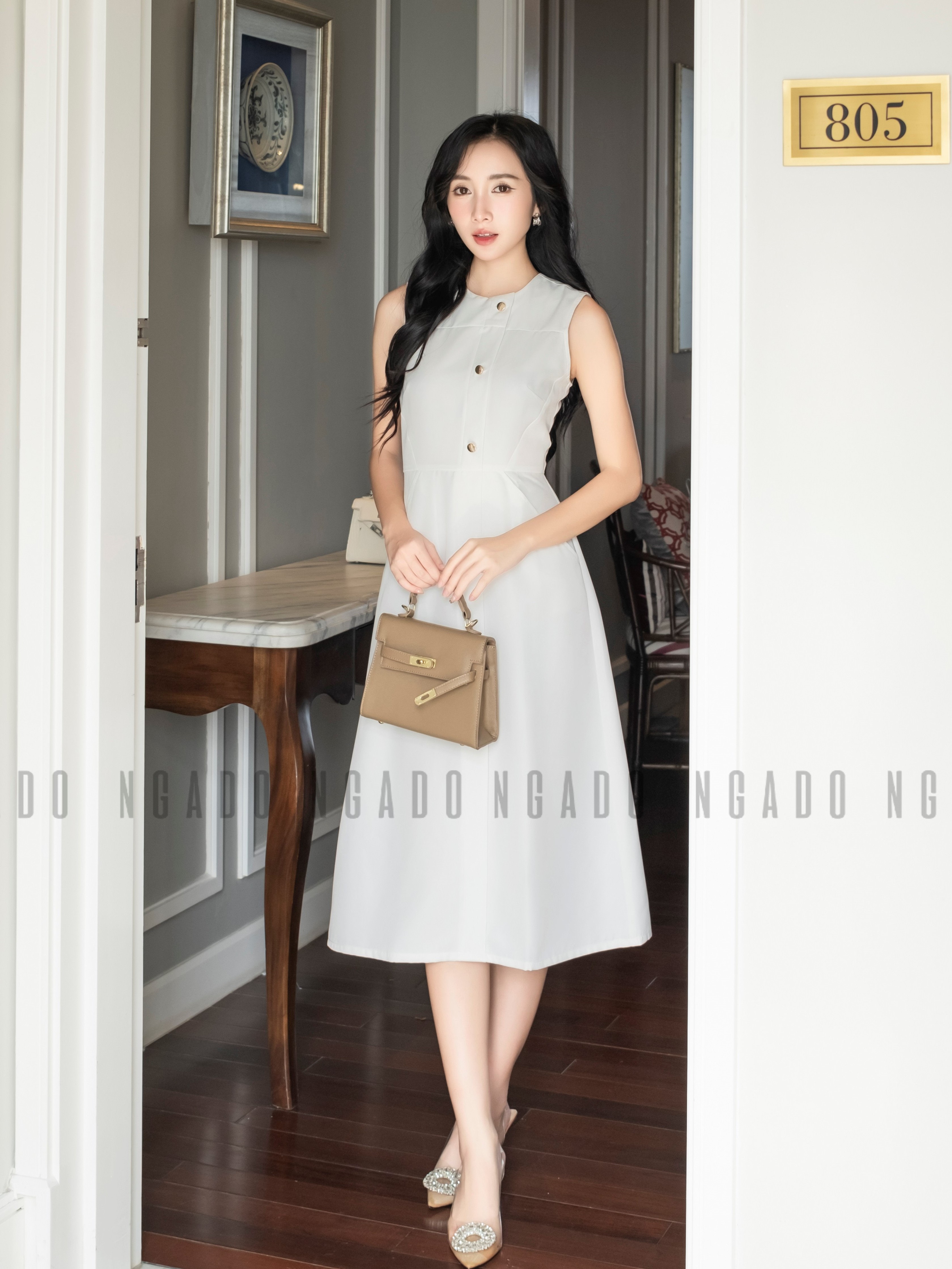 Đầm trắng túi xéo NGADO , đầm nữ , Đầm suông , Đầm dạo phố