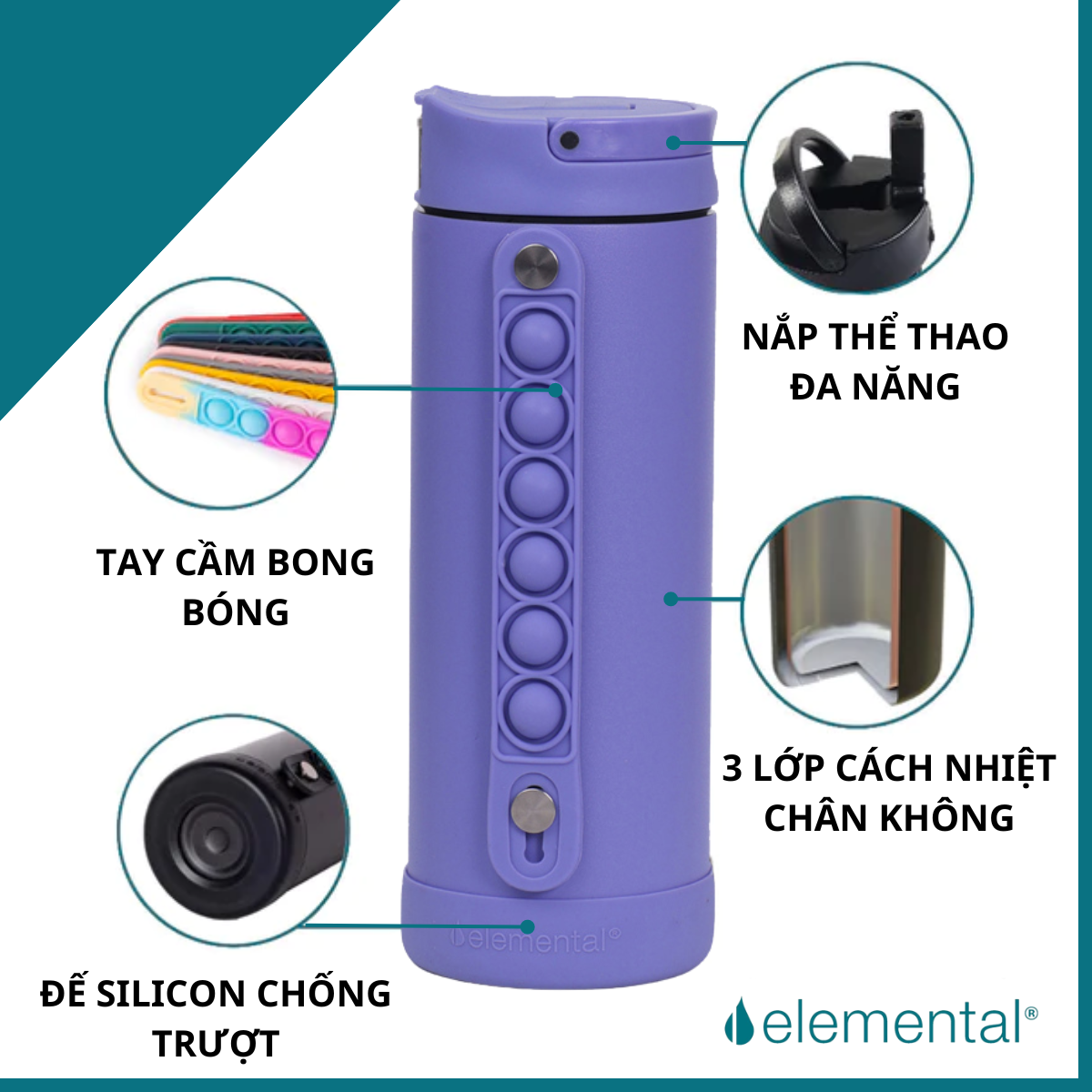 Bình giữ nhiệt elemental Pop màu tím 414ml, inox 304, giữ nhiệt tốt, FDA Hoa Kì, bình đa năng có kèm ống hút cho bé đi học Chờ duyệt