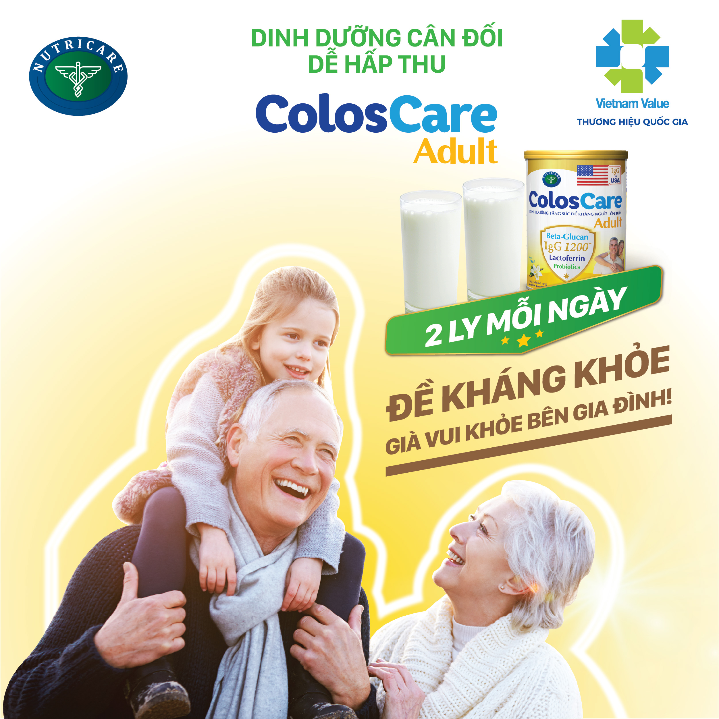 Sữa bột Nutricare ColosCare Adult tăng cường sức đề kháng cho người lớn tuổi (800g)