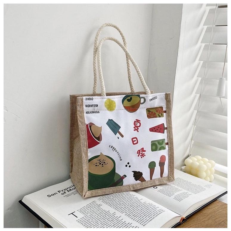 Túi xách cói mini hoạ tiết đáng yêu có khoá kéo Style Hàn Quốc - Túi tote vải canvas thích hợp đi chơi, cafe, du lịch