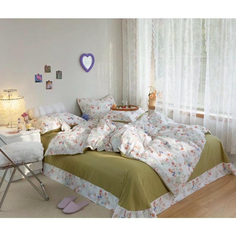 Set Chăn Ga Gối Côtton Living 100%cotton Hàng Nhập Khẩu Cao Cấp 4 Món Hoa Trắng Ga Xanh