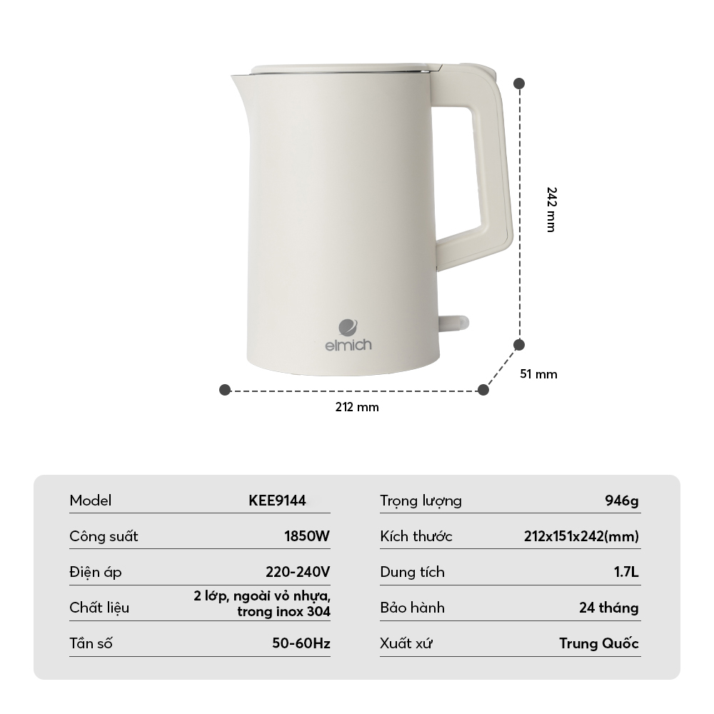 Ấm Đun Nước Siêu Tốc Elmich KEE9144 1.7L 1850W, Hàng Chính Hãng, Inox 304, Đun Sôi Nhanh 45s-JoyMall