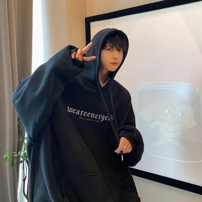Áo hoodie dài tay lót nhung dáng rộng in chữ phong cách Hàn Quốc thời trang thu đông cho nam