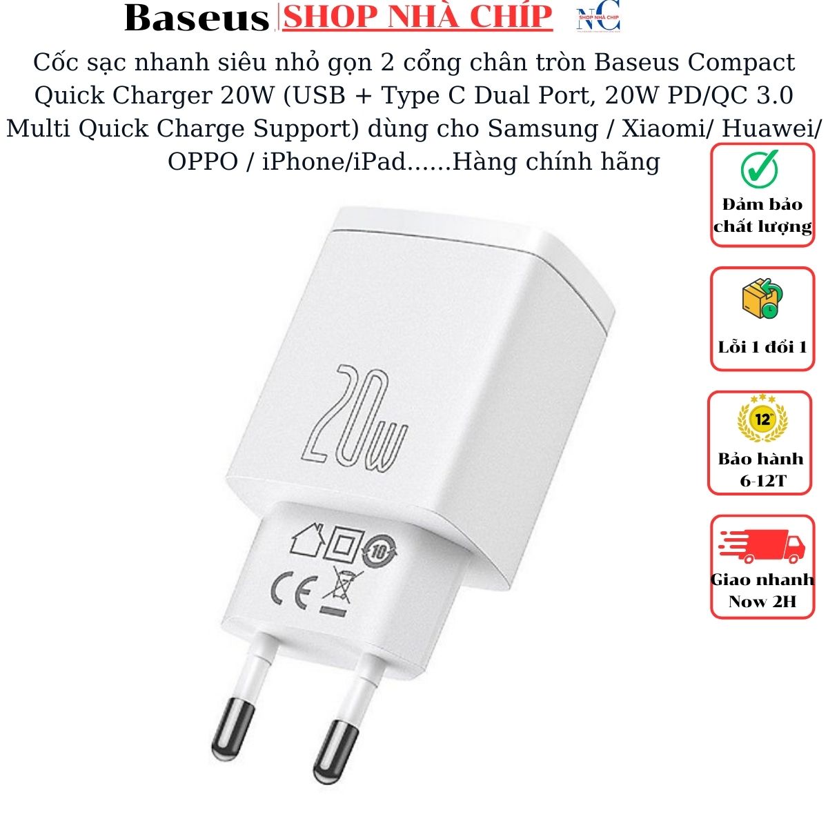 Hình ảnh Cốc sạc nhanh siêu nhỏ gọn chân tròn Baseus Compact Quick Charger 20W (USB + Type C Dual Port, 20W PD/QC 3.0 Multi Quick Charge Support) dùng cho Samsung / Xiaomi/ Huawei/ OPPO / iPhone/iPad......Hàng chính hãng