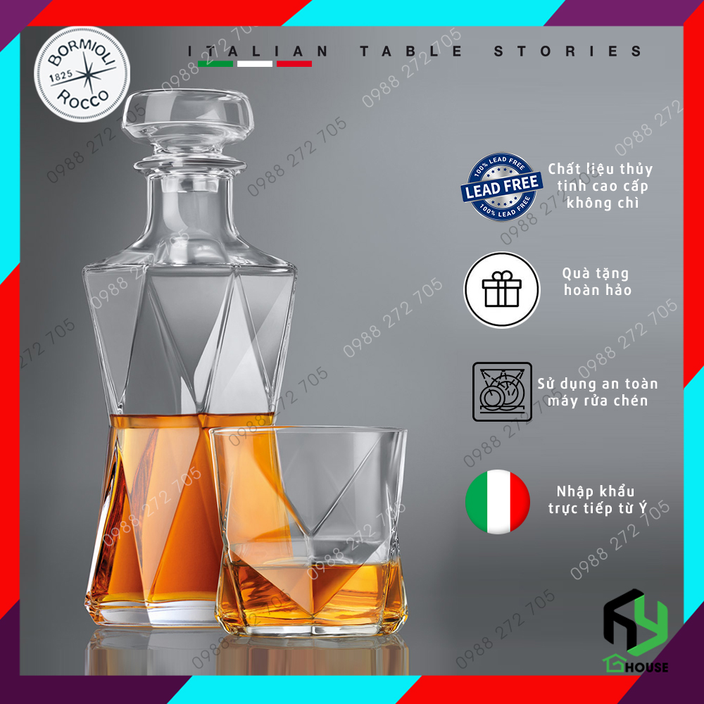 Bộ bình thủy tinh đựng rư ợu và 6 ly rock CASSIOPEA cao cấp - Bormioli Rocco - Made in Italy