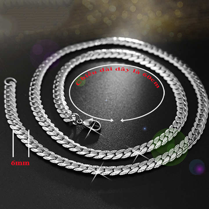 Dây chuyền nam inox thời trang kiểu lặc khít chạm 2 bên trangsucpt kích cỡ 6mm màu trắng thép không gỉ PTDCNA56