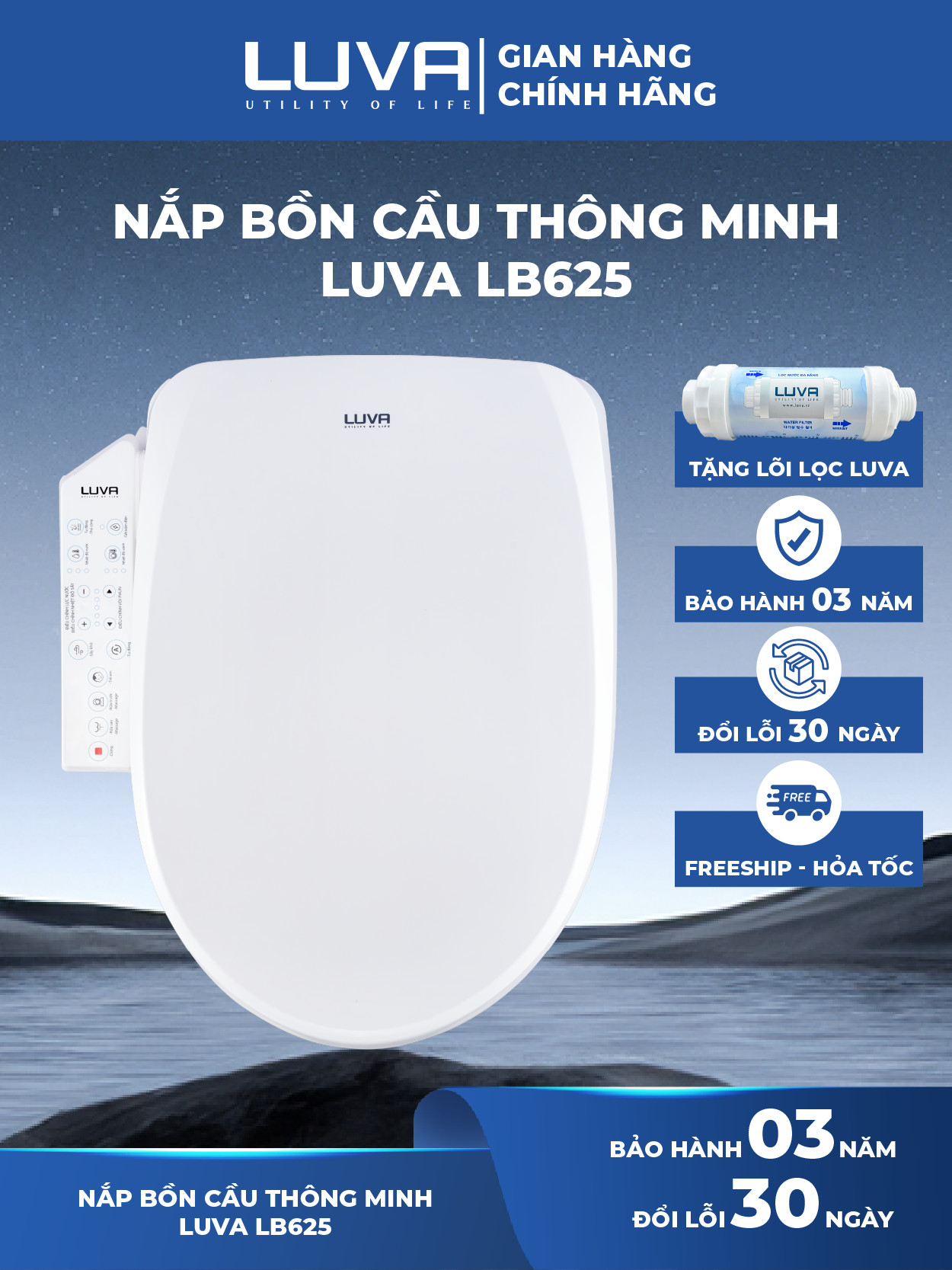 Nắp Bồn Cầu Điện Tử LUVA Bidet LB625 Điều Khiển Cảm Ứng Tiếng Việt, Đổi Lỗi 100 Ngày, Sấy Khô, Chống Nước IPX5, Sấy Vành Ngồi, Chế Độ Rửa Trẻ Em
