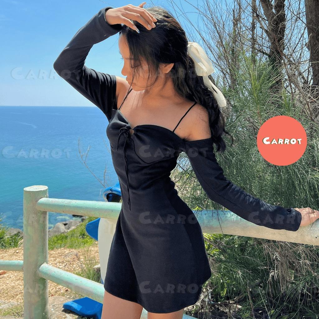 Đầm ôm body thiết kế 2 dây tay dài khoét ngực sexy đi chơi đi du lịch carrotxinhdep chất co giãn thun cao cấp