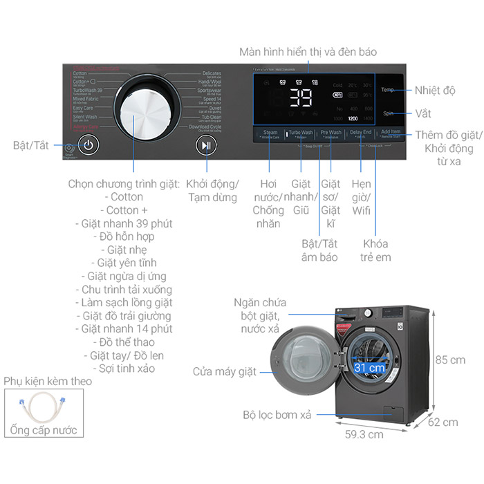 Máy giặt LG Inverter 10.5 kg FV1450S2B - Chỉ giao Hà Nội