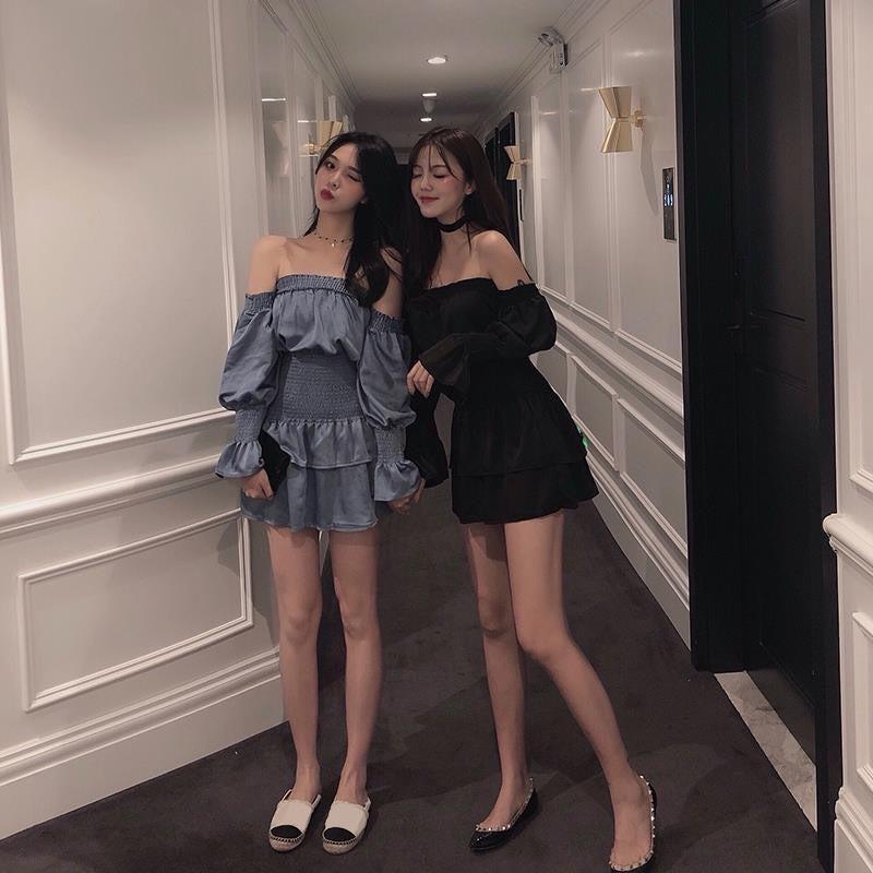 Đầm trễ vai phối bèo nhún eo tôn dáng