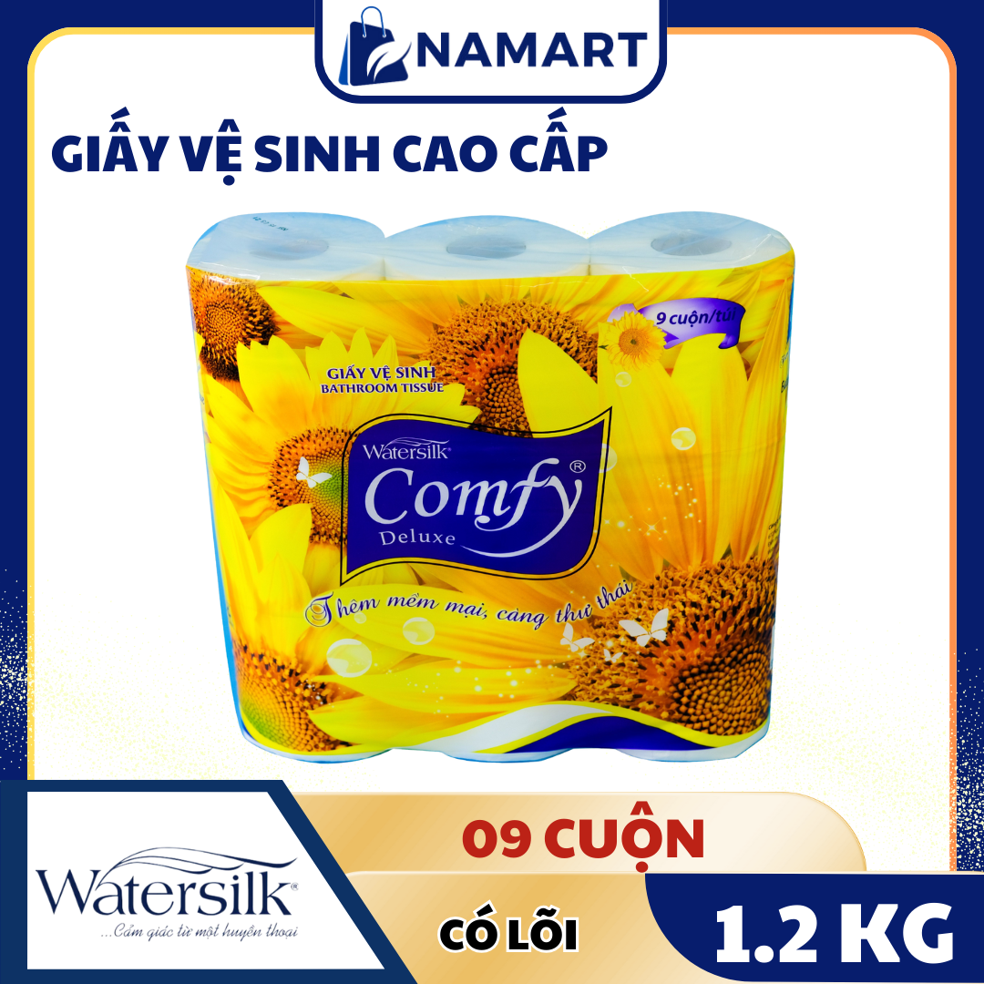 Giấy vệ sinh cao cấp WATERSILK COMFY 33M, 9 cuộn Có Lõi, 3 Lớp siêu dai mịn - 100% Bột giấy nguyên sinh - Hàng chính hãng.