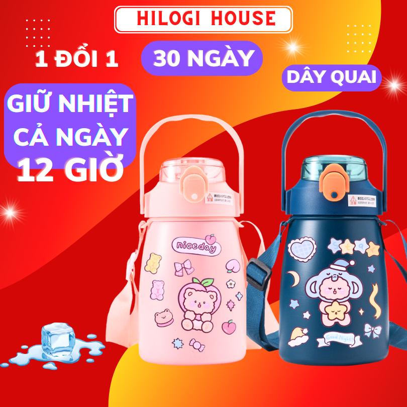 Bình nước giữ nhiệt 1000ml béo lùn HiLOGI inox 304, bình giữ nhiệt nắp bật đậy kín, giữ nóng 8h, lạnh hơn 12h