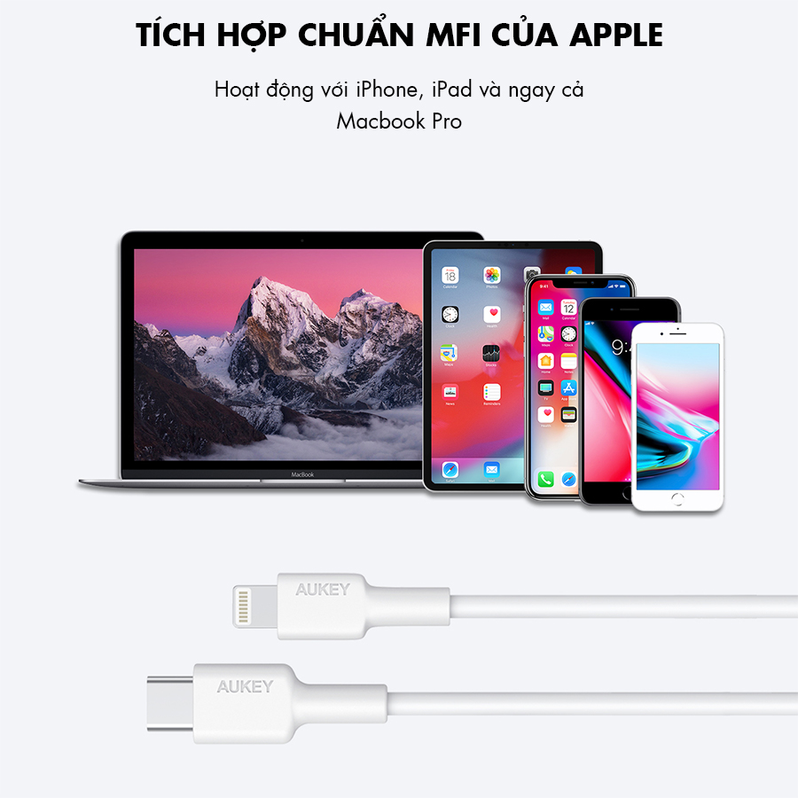 Cáp Sạc C To Lightning Aukey CB-CL01 Chuẩn MFi Apple Cao Cấp Dài 1 Mét - Hàng Chính Hãng