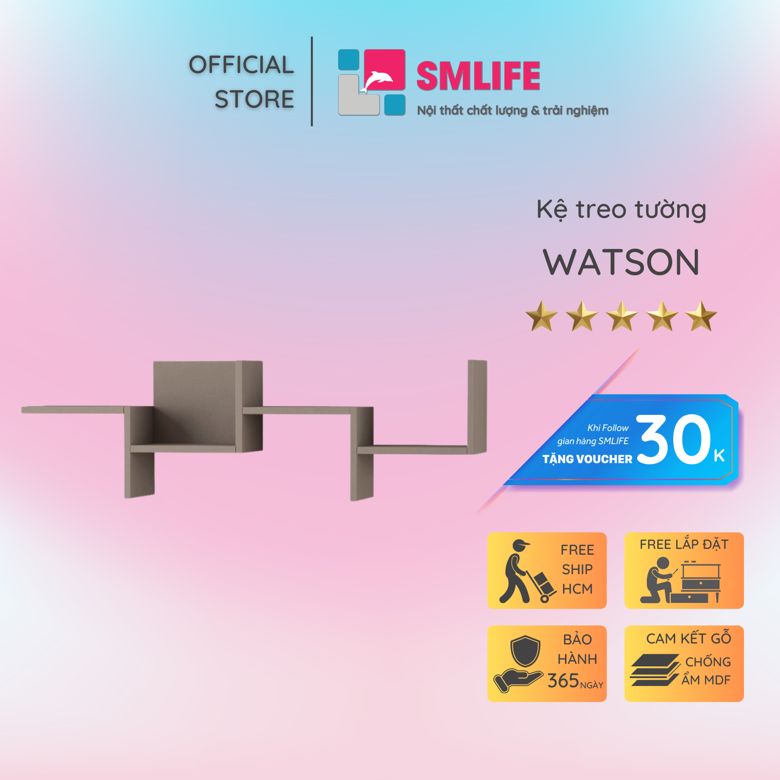 Kệ gỗ treo tường trang trí hiện đại SMLIFE Watson | Gỗ MDF dày 17mm chống ẩm | D120xR20xC35cm