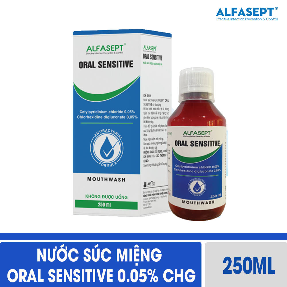 Nước súc miệng ALFASEPT ORAL SENSITIVE 250ml 0.05% CHG - Bảo vệ răng trắng tự nhiên