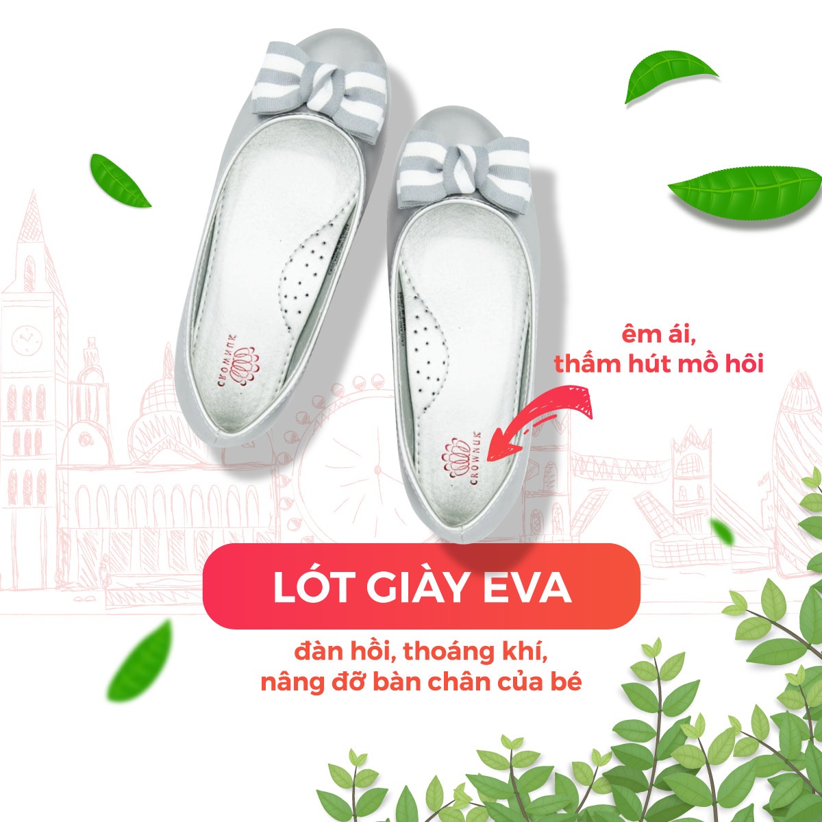 Giày Búp Bê Đi Học Bé Gái Sành Điệu Crown Princess Ballerina CRUK3119 Chất Liệu Cao Cấp Nhẹ Êm Thoáng Mát Size 28-36/4-14 Tuổi