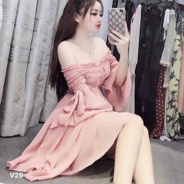 Đầm xoè voan tay bèo trễ vai siêu HOT + Ảnh thật