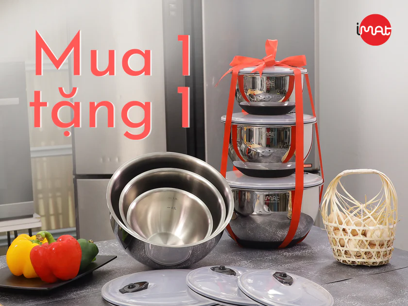 [Chính hãng iMat] Bộ 3 tô trộn chân không iMat đường kính 16cm, 20cm, 24cm. Sản phẩm làm bằng thép không gỉ inox 304, đế bọc Silicone chống trượt, nắp van một chiều hút chân không.