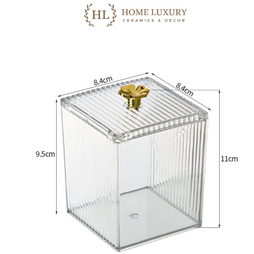 Lọ đựng tăm chỉ, bông mút, phụ kiện mỹ phẩm họa tiết vuông sọc kẻ núm hoa vàng Decor