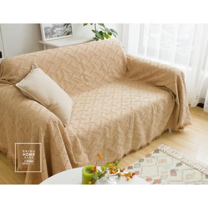 Chăn Thảm Phủ Ghế Sofa Đan Len Tua Rua Phong Cách BOHEMIAN Màu Be Họa Tiết Chéo