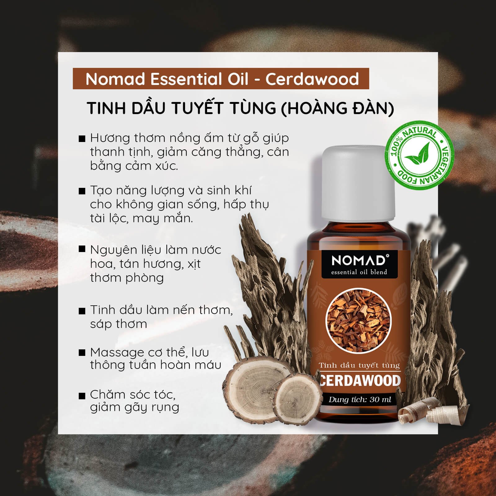 Tinh Dầu Thiên Nhiên Hoàng Đàn (Tuyết Tùng) Nomad Essential Oils Cedarwood