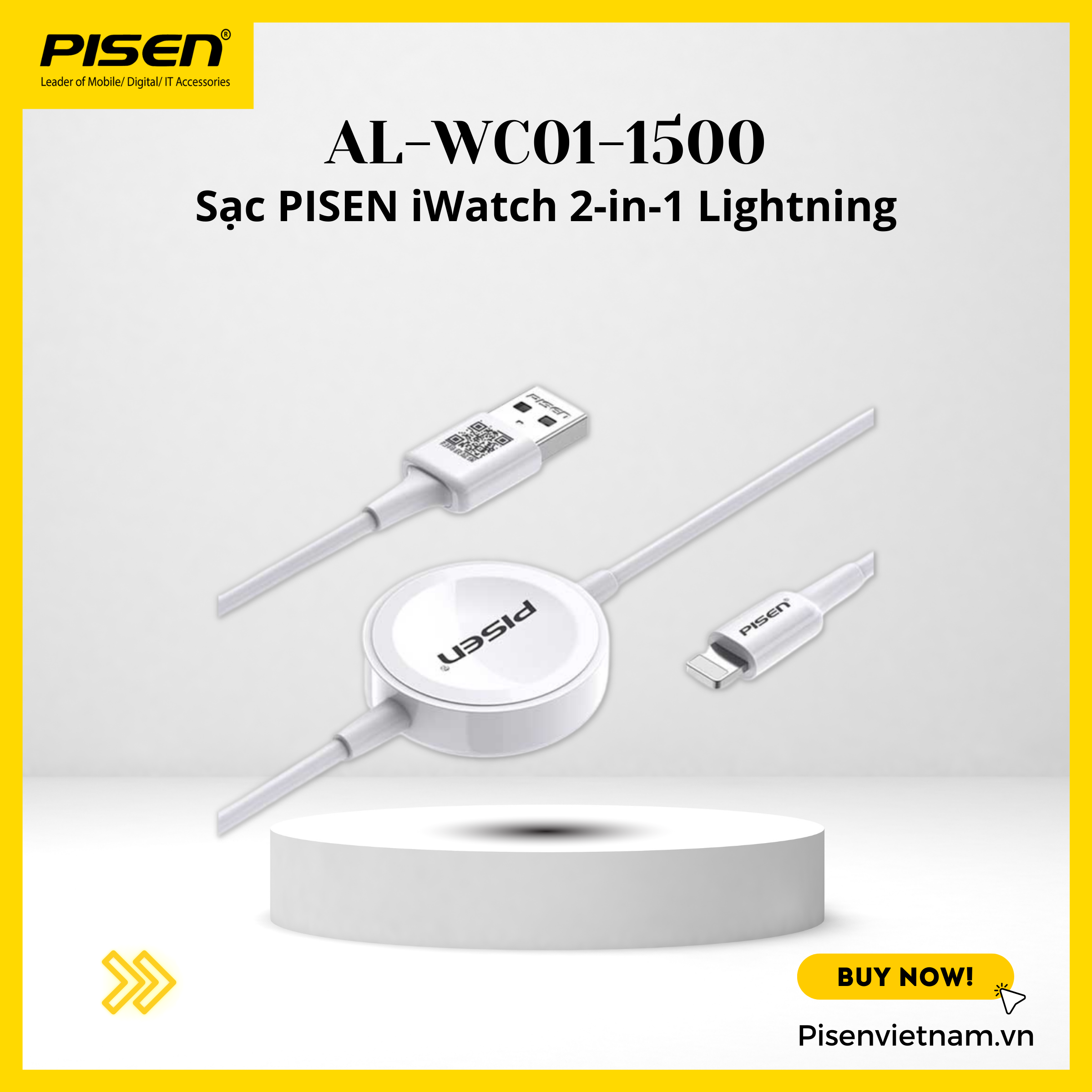 Cáp sạc I phone 2 trong 1 Light ning PISEN 1.5m (AL-WC01) - Hàng chính hãng Bảo Hành 18 tháng